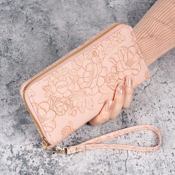 Boutique Handbags - 2/$30 Pink Floral Wristlet Zip Wallet Long Purse Compartments Card Slots Coins
